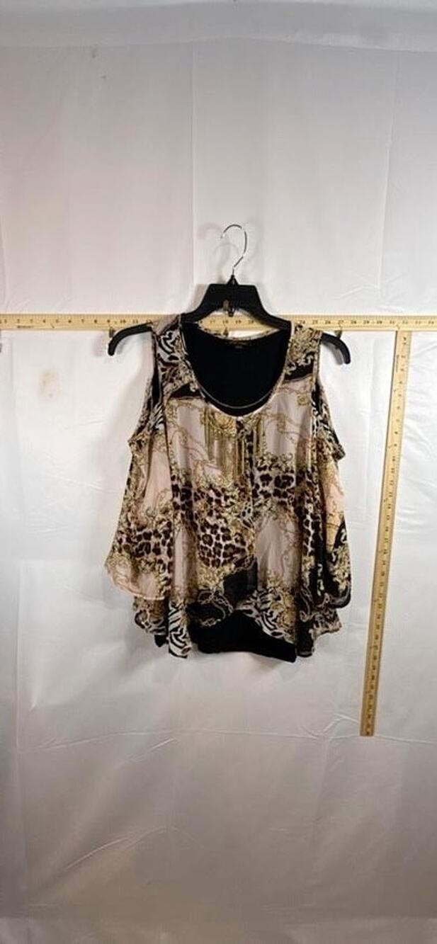 Thalia Sodi Womens XL Cold Shoulder Top Leopard Baroque Chain Fringe Blouse NWOT